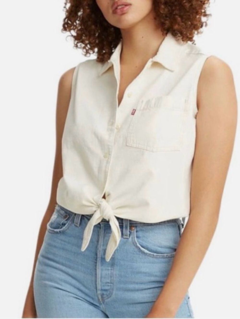 Levi Rumi Denim Sleeveless Button Down Shirt Tie Front Ttiangle Collared Cream M